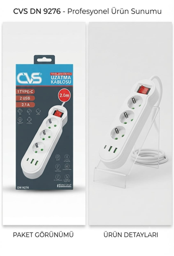 CVS USB GİRİŞLİ 3LÜ AKIM KORUMALI UZATMALI PRİZ  KL:20
